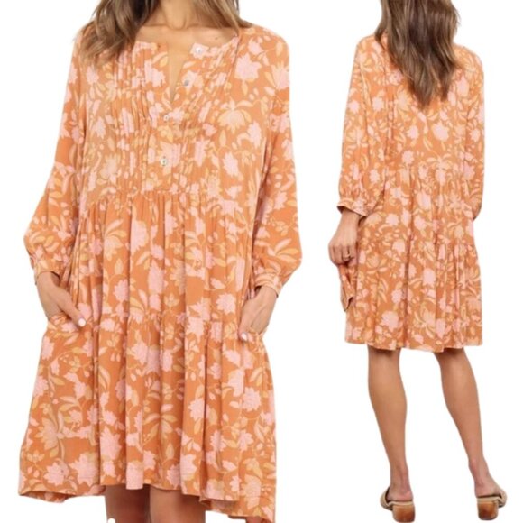Petal + Pup Arden Floral Tunic Mini Dress Womens 6 Orange Flowy Tiered Button Up - Picture 1 of 14
